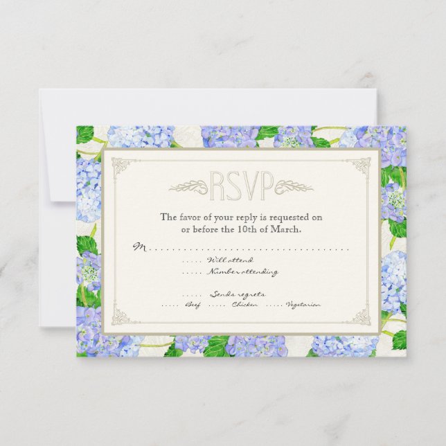 Blue Hydrangea Lace Floral Formal Elegant Weddings RSVP Card (Front)