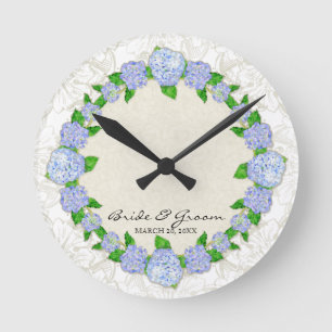 Blue Hydrangea Lace Floral Formal Wedding Gift Round Clock