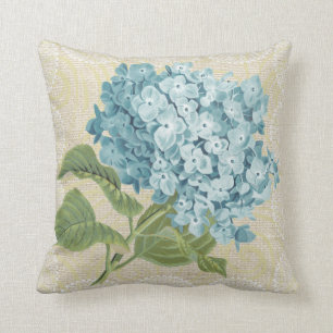 Blue hydrangea & lace floral vintage pillow