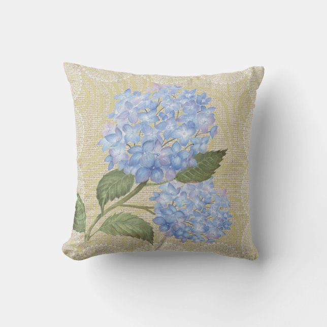 Blue hydrangea & lace floral vintage pillow (Front)