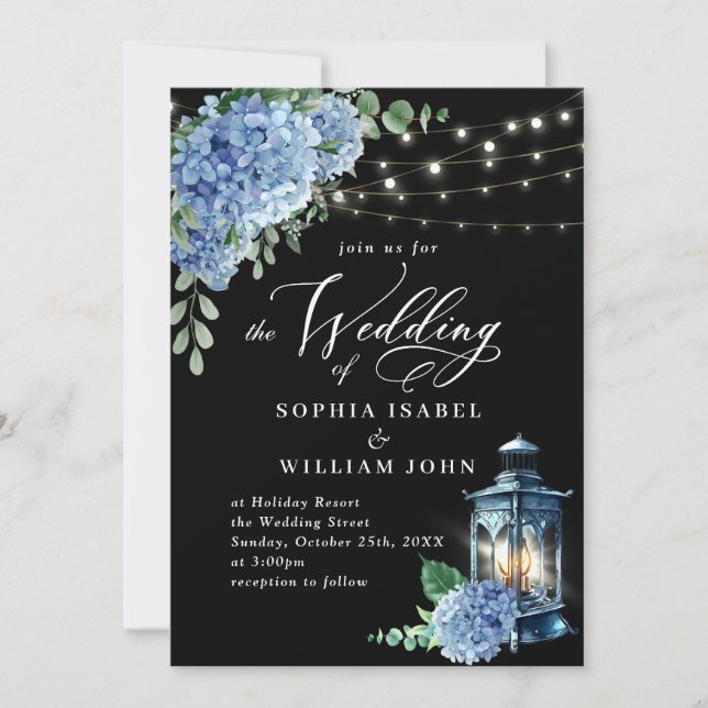 Blue Hydrangea Lantern Black Background Wedding Invitation (Front)