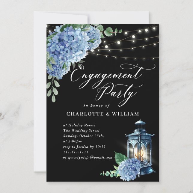 Blue Hydrangea Lantern Black Boho Engagement Party Invitation (Front)