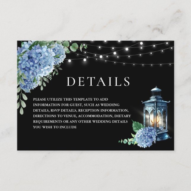 Blue Hydrangea Lantern Black Boho Wedding Details  Enclosure Card (Front)