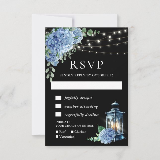 Blue Hydrangea Lantern Black Boho Wedding RSVP Card (Front)