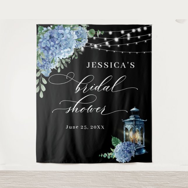 Blue Hydrangea Lantern Boho Bridal Shower Backdrop Tapestry (Front)
