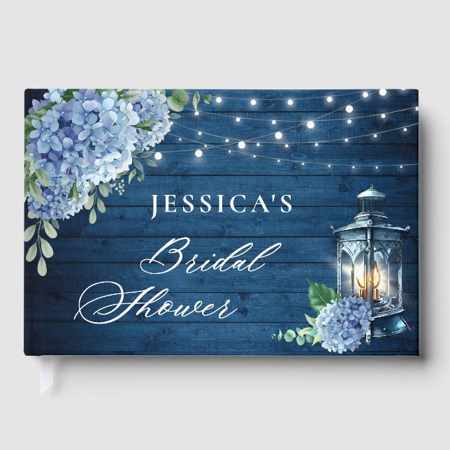 Blue Hydrangea Lantern Navy Wood Bridal Shower Guest Book (Front)
