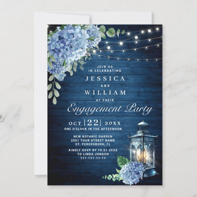Blue Hydrangea Lantern Navy Wood Engagement Party Invitation (Front)