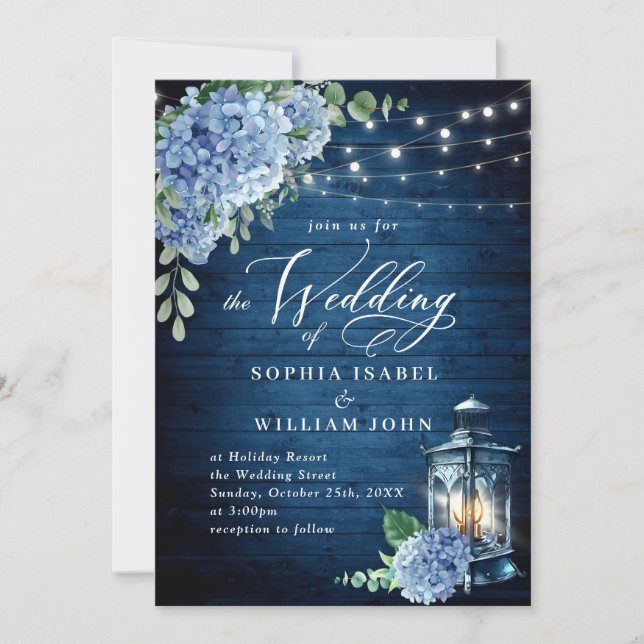 Blue Hydrangea Lantern Navy Wood Wedding Invitation (Front)
