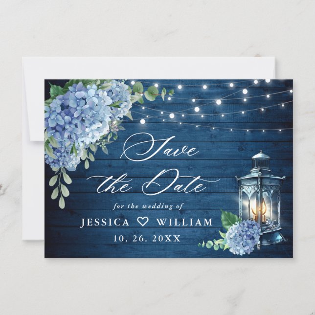 Blue Hydrangea Lantern Navy Wood Wedding Save The Date (Front)