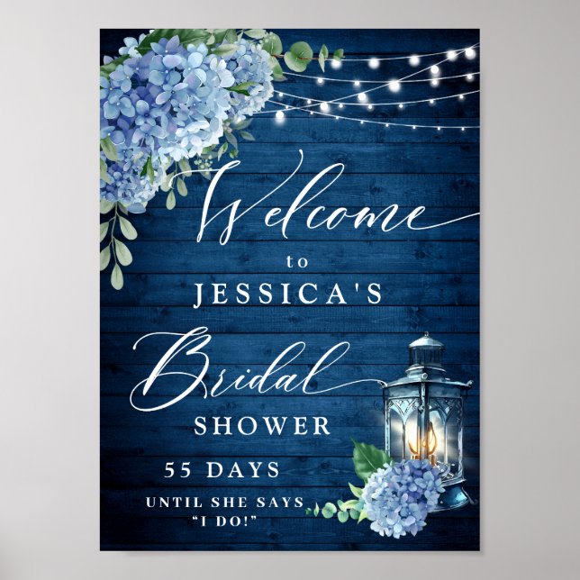 Blue Hydrangea Lantern Wood Boho Bridal Shower Poster (Front)