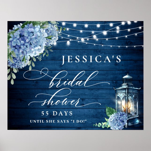 Blue Hydrangea Lantern Wood Boho Bridal Shower Poster (Front)
