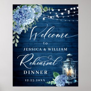Blue Hydrangea Lantern Wood Boho Rehearsal Dinner Poster