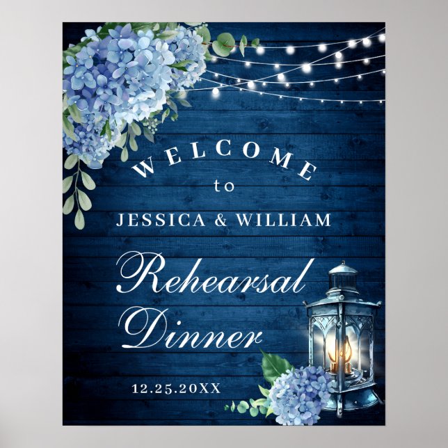 Blue Hydrangea Lantern Wood Boho Rehearsal Dinner Poster (Front)