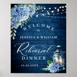 Blue Hydrangea Lantern Wood Boho Rehearsal Dinner Poster