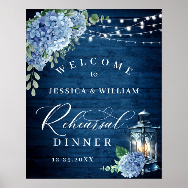 Blue Hydrangea Lantern Wood Boho Rehearsal Dinner Poster (Front)
