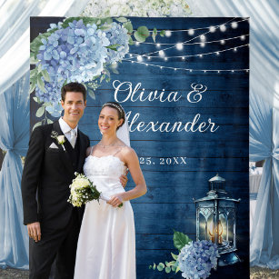 Blue Hydrangea Lantern Wood Photo Wedding Backdrop Tapestry