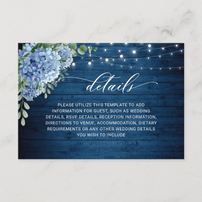 Blue Hydrangea Lantern Wood Wedding Details Enclosure Card (Front)
