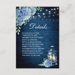 Blue Hydrangea Lantern Wood Wedding Details Enclosure Card