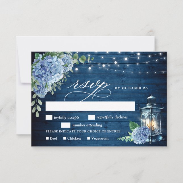 Blue Hydrangea Lantern Wood Wedding Rustic RSVP Card (Front)