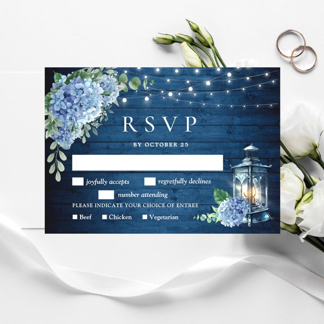 Blue Hydrangea Lantern Wood Wedding Rustic RSVP Card (Creator Uploaded)