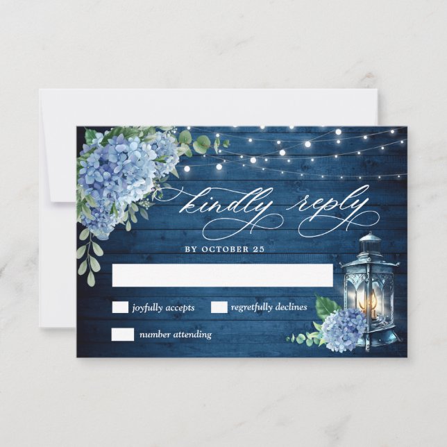Blue Hydrangea Lantern Wood Wedding Rustic RSVP Card (Front)