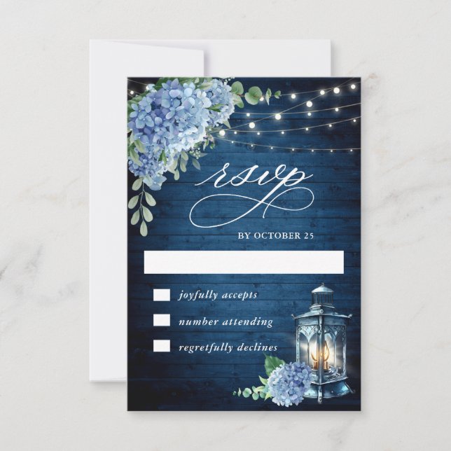Blue Hydrangea Lantern Wood Wedding Rustic RSVP Card (Front)