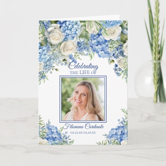Blue Hydrangea Life Celebration Memorial Program Invitation (Front)