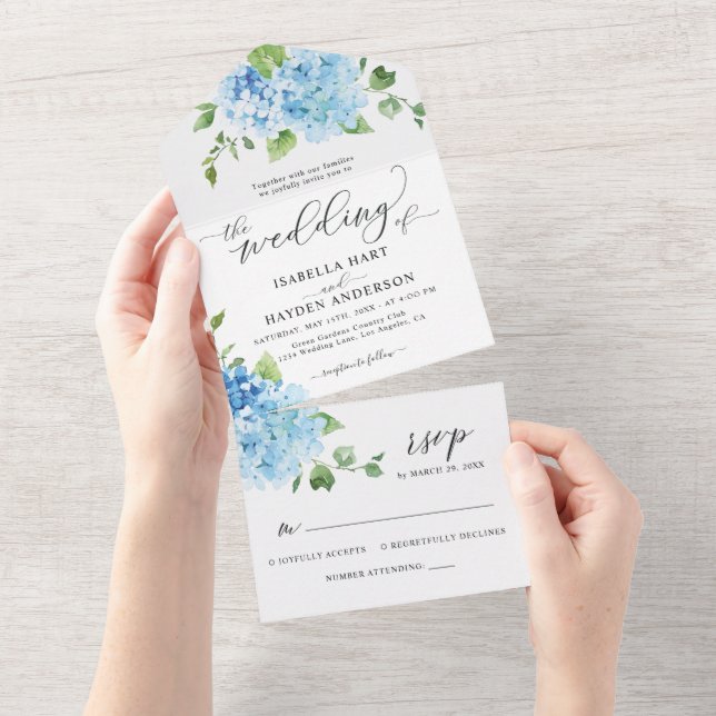 Blue Hydrangea Light Floral Botanical Wedding All In One Invitation (Tearaway)