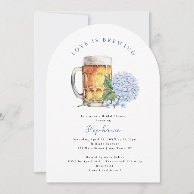 Blue Hydrangea Love is Brewing Arch Bridal Shower Invitation (Front)