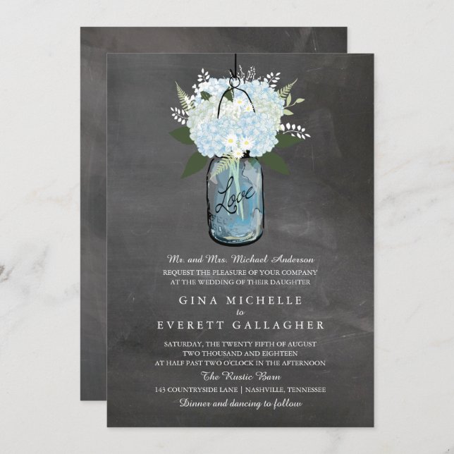 Blue Hydrangea Mason Jar Chalkboard | Wedding Invitation (Front/Back)