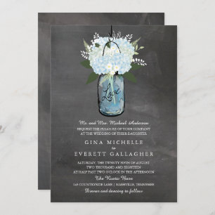 Blue Hydrangea Mason Jar Chalkboard Wedding Invitation