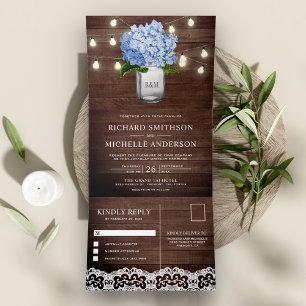 Blue Hydrangea Mason Jar String Lights Wedding Tri-Fold Invitation