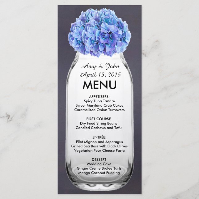 Blue hydrangea mason jar wedding menu hydrangea7 (Front)