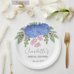Blue Hydrangea Modern Floral Bridal Shower Paper Plate