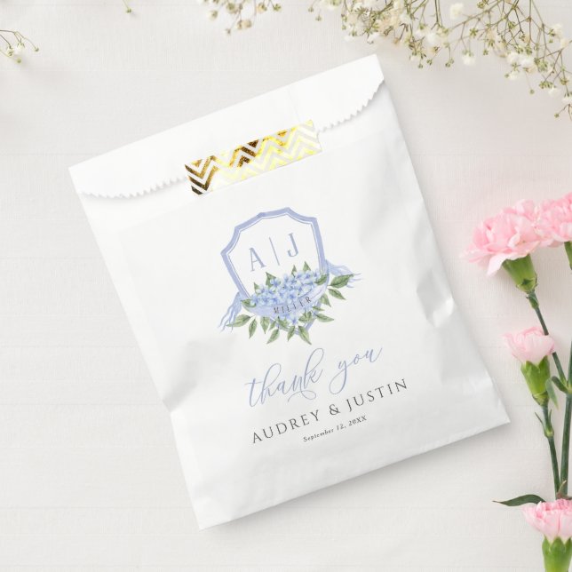 Blue Hydrangea Monogram Crest Customised Wedding Favour Bags (Sealed)