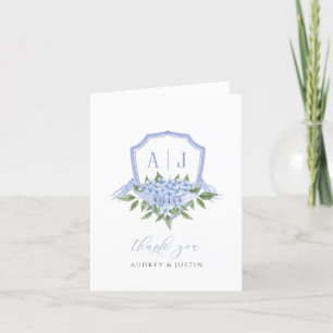 Blue Hydrangea Monogram Crest Customised Wedding Thank You Card