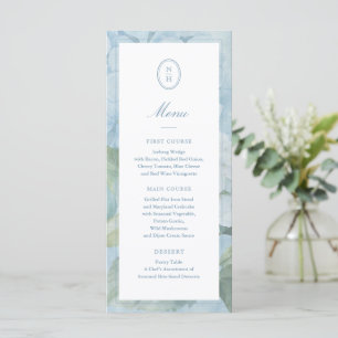 Blue Hydrangea Monogram Crest Wedding Flat Menu