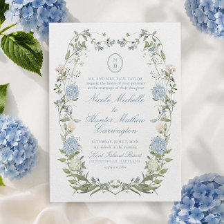 Blue Hydrangea Monogram Crest Wedding Invitation