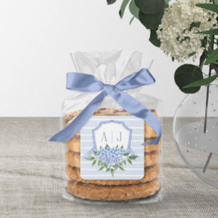 Blue Hydrangea Monogram Crest with Stripes Favour Square Sticker