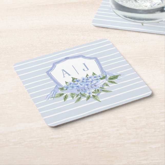Blue Hydrangea Monogram Crest with Stripes Square Paper Coaster (Angled)