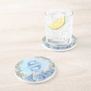 Blue Hydrangea Monogram Round Coaster