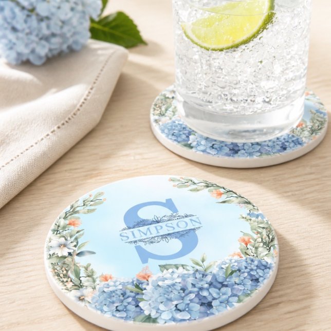 Blue Hydrangea Monogram Round Coaster (Creator Uploaded)