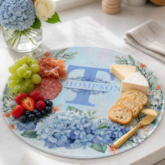 Blue Hydrangea Monogram Round Cutting Board (Creator Uploaded)