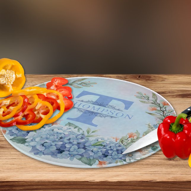 Blue Hydrangea Monogram Round Cutting Board (Creator Uploaded)