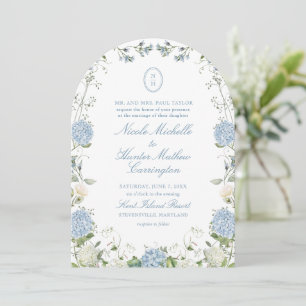 Blue Hydrangea Monogram Wedding Arch Invitation