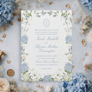 Blue Hydrangea Monogram Wedding Crest Invitation