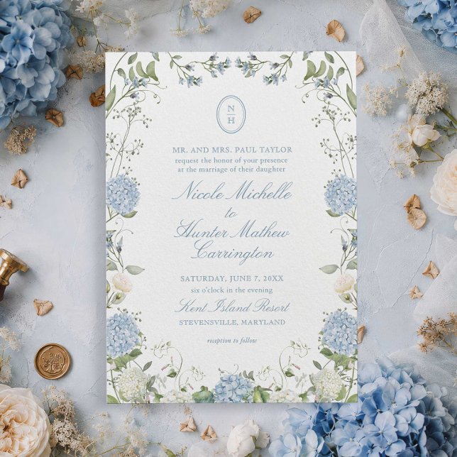 Blue Hydrangea Monogram Wedding Crest Invitation (Creator Uploaded)