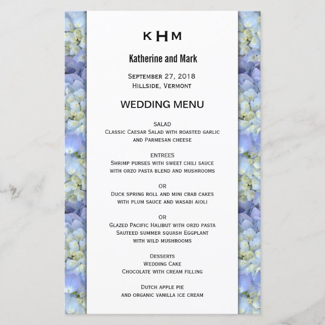Blue Hydrangea Monogram Wedding Menu Template (Front)