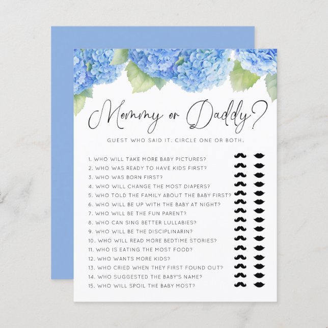 Blue Hydrangea Mummy or Daddy Baby Shower Games (Front/Back)