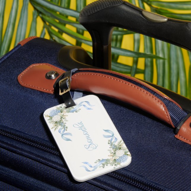 Blue Hydrangea Name  Personalised Luggage Tag (Front Insitu 1)